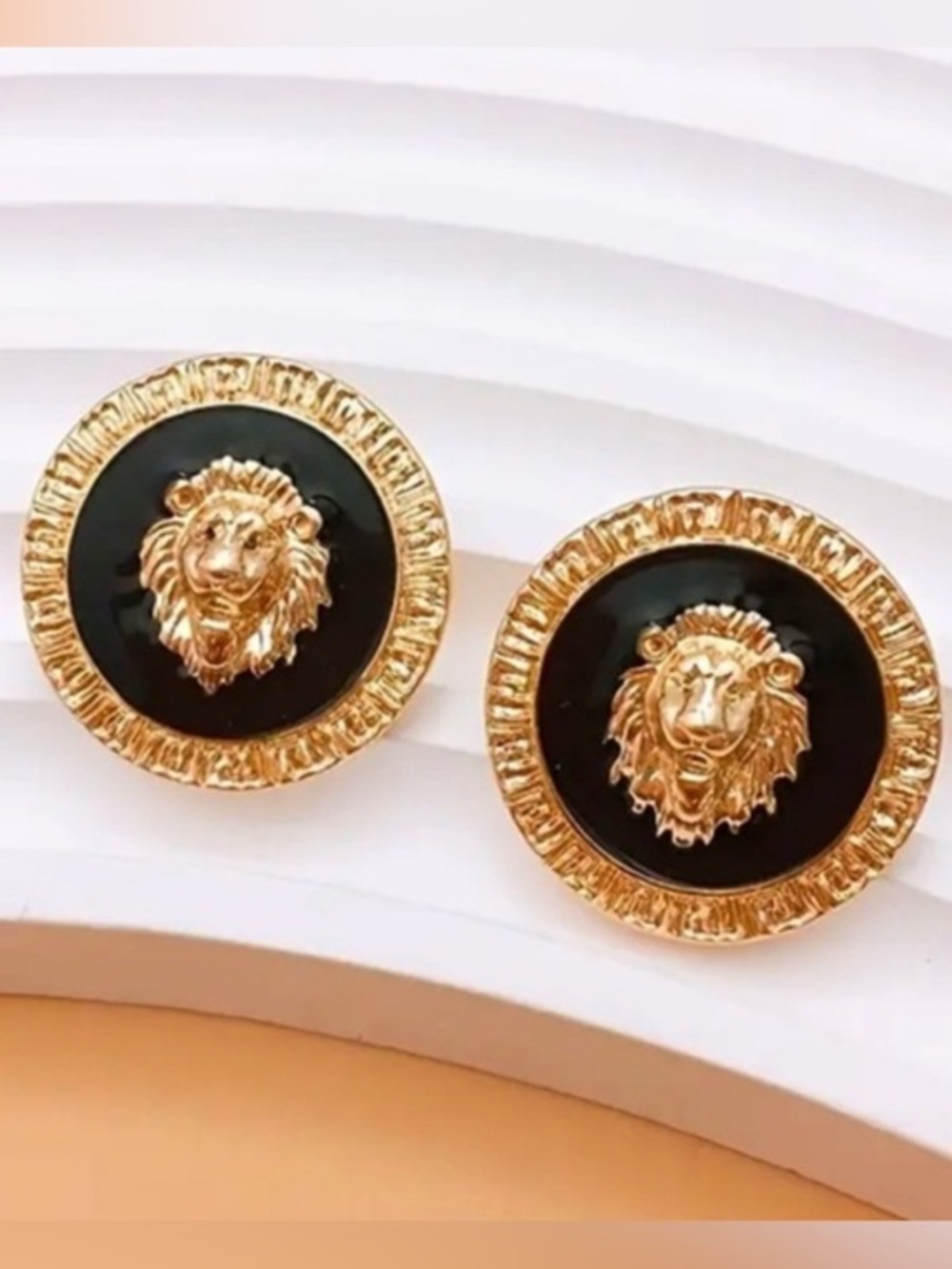 Gold Lion Head Round Stud Earrings with Black Enamel